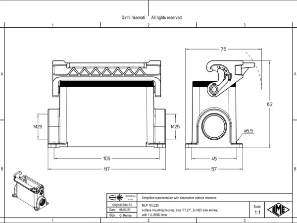 surface mounting housing, size 77.27, IL-BRID stainless steel, 1 lever, 2xM25 side