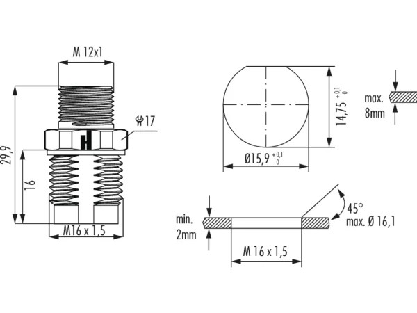 Panel connector male thread, single hole front mounted