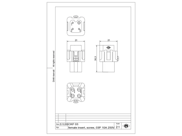 female insert, size 21.21, 3p+PE, silver, screw, 10A, 230/400V