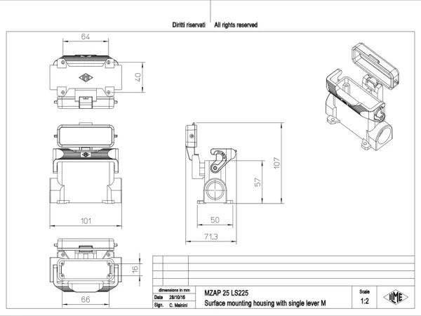 surface mounting housing, high, size 66.16, IL-BRID alu, 1 lever, 2xM25 side, cover metal