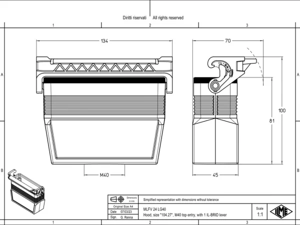 hood, size 104.27, IL-BRID stainless steel, 1 lever, 1xM40 top