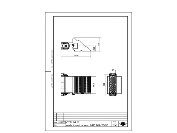 male insert, size 104.27, 64p+PE, silver, screw, 10A, 250V, right