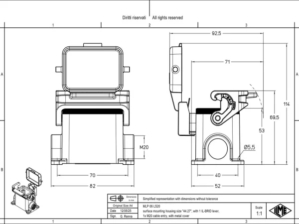 surface mounting housing, size 44.27, IL-BRID stainless steel, 1 lever, 1xM20 side