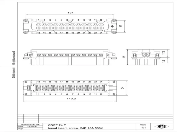female insert, size 104.27, 24p+PE, silver, screw, 16A, 500V
