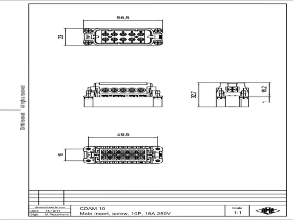 male insert, size 49.16, 10p+PE, silver, screw, 16A, 250V