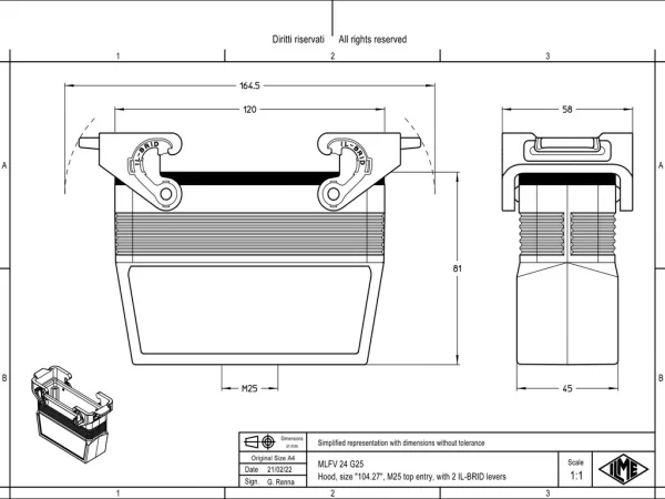 hood, size 104.27, IL-BRID stainless steel, 2 levers, 1xM25 top