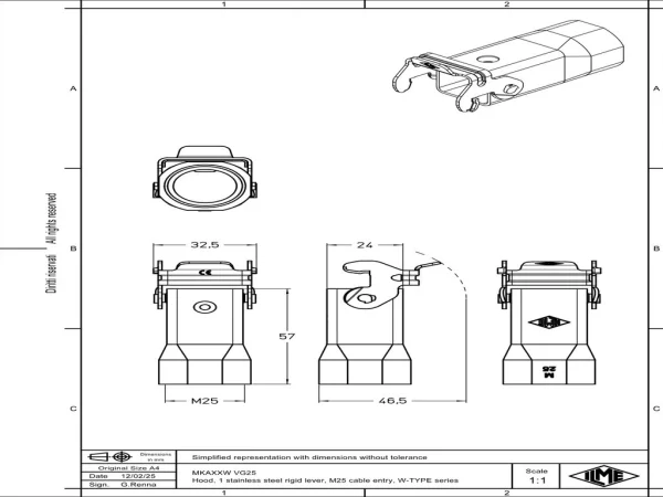 hood, size 21.21, W-TYPE zinc, 1 rigid lever stainless steel, 1xM25 top