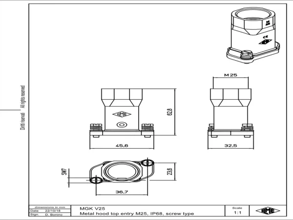 hood, size 21.21, IP68 alu, screw locking, 1xM25 top