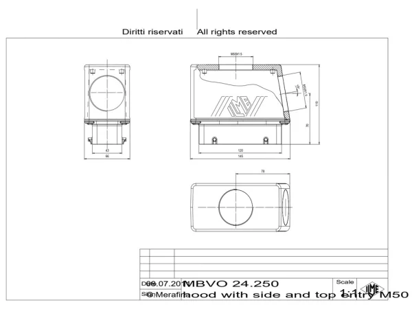 hood, size 104.27, BIG alu, 4 pegs, 2xM50 top, 2xM50 side, extended terminal compartment