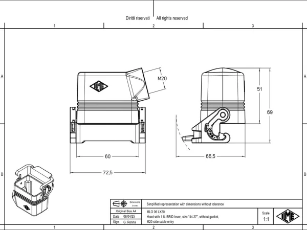 hood, size 44.27, IL-BRID stainless steel, 1 lever, 1xM20 side