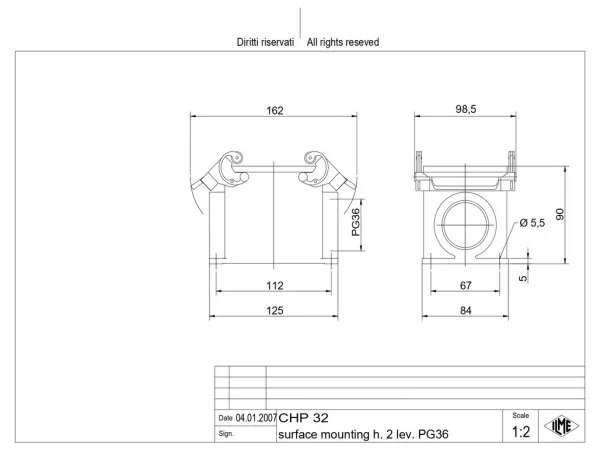 surface mounting housing, size 77.62, C-TYPE alu, 2 levers, 1xPG36 side
