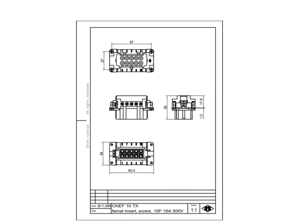 female insert, size 57.27, 10p+PE, silver, screw, 16A, 500V