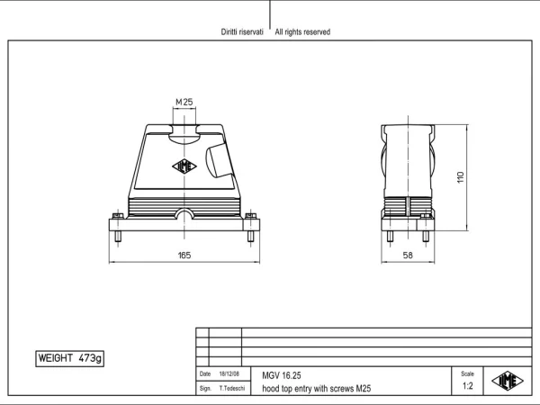 hood, size 77.27, IP68 alu, screw locking, 1xM25 top