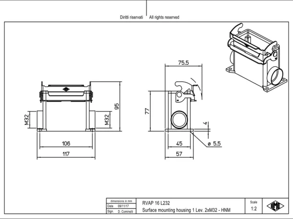 surface mounting housing, high, size 77.27, HNM alu, 1 lever, 2xM32 side