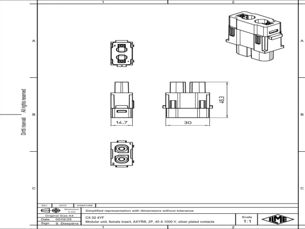 female insert, MIXO, 1MU, 2p,  AXYR® push-in connection, 40A, 1000V