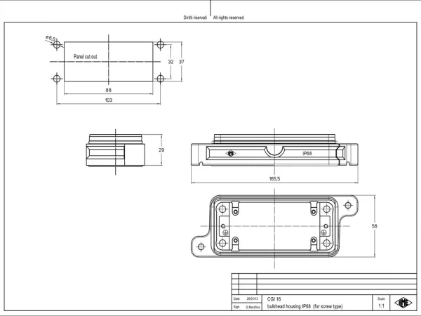 bulkhead mounting housing, size 77.27, IP68 alu, screw locking