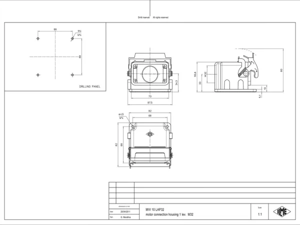 bulkhead mounting housing, angled, size 57.27, V-type alu, 1 lever, 1xM32 side