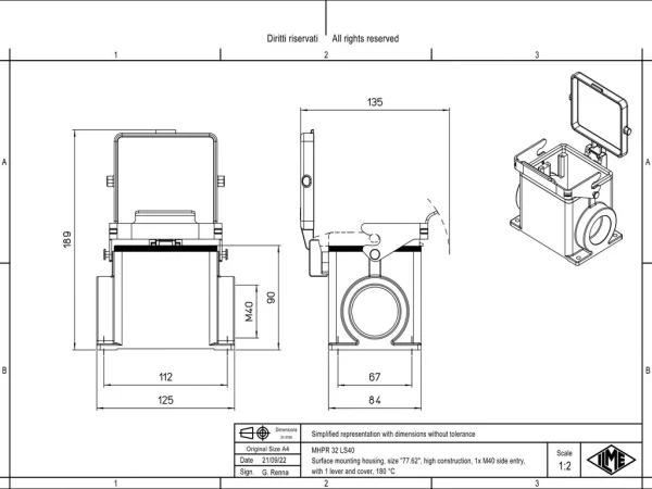 surface mounting housing, size 77.62, 180 °C alu, 1 lever, 1xM40 side