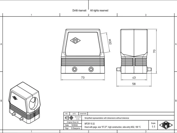 hood, size 57.27, 180 °C alu, 4 pegs, 1xM32 side