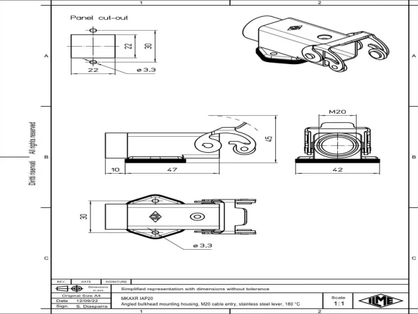 bulkhead mounting housing, angled, size 21.21, 180°C zinc, 1 lever stainless steel, 1xM20 side