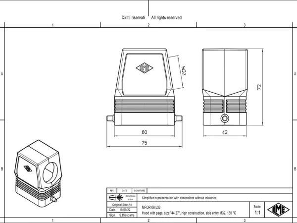 hood, size 44.27, 180 °C alu, 2 pegs, 1xM32 side