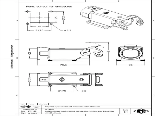 bulkhead mounting housing, angled, size 21.21, CK plastic, 1 lever, 1xM25 side