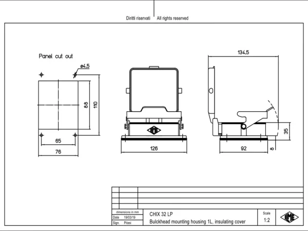 bulkhead mounting housing, size 77.62, C-TYPE alu, 1 lever stainless steel, cover plastic