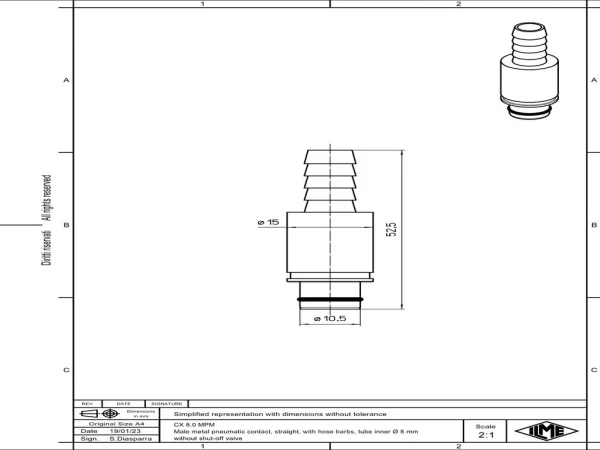 male contact, pneumatic, 8,0mm internal, straight, hose barbs, without shut-off valve