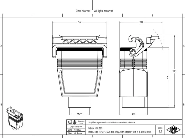 hood, size 57.27, IL-BRID stainless steel, 1 lever, 1xM25 top