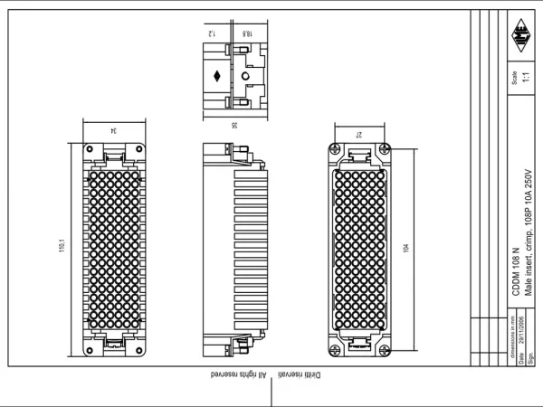 male insert, 108p+PE, crimp, 10A, 250V, for size 104.62 no.109-216