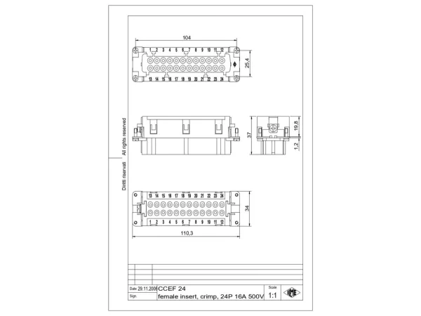 female insert, size 104.27, 24p+PE, crimp, 16A, 500V