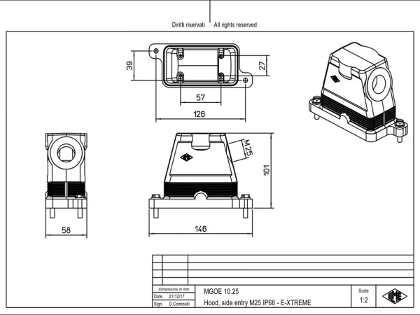 hood, size 57.27, IP68 E-Xtreme alu, screw locking, 1xM25 side