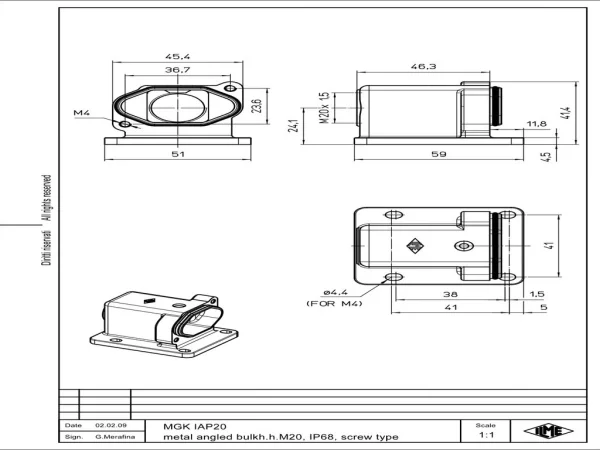bulkhead mounting housing, angled, size 21.21, IP68 alu, screw locking, 1xM20 side