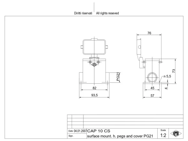 surface mounting housing, high, size 57.27, C-TYPE alu, 4 pegs, 1xPG21 side, cov.