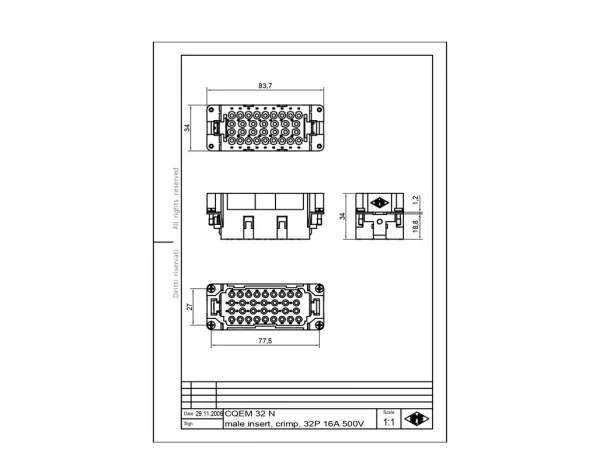 male insert, 32p+PE, crimp, 16A, 500V, for size 77.62 no.33-64