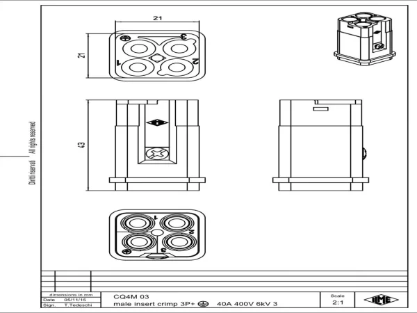 male insert, size 21.21, 3p+PE, crimp., 40A, 400V
