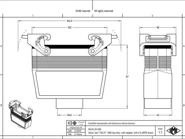 hood, size 104.27, IL-BRID stainless steel, 2 levers, 1xM40 top