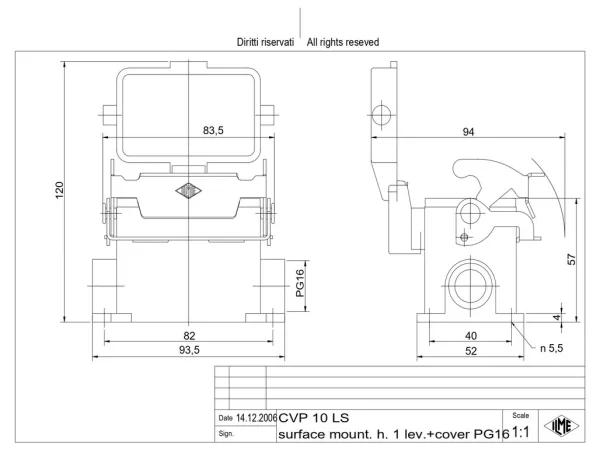 surface mounting housing, size 57.27, V-TYPE alu, 1 lever, 1xPG16 side, cov.