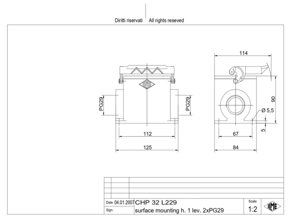 surface mounting housing, size 77.62, C-TYPE alu, 1 lever, 2xPG29 side