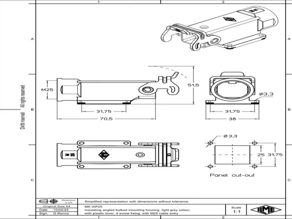 bulkhead mounting housing, angled, size 21.21, CK plastic, 1 lever, 1xM25 side