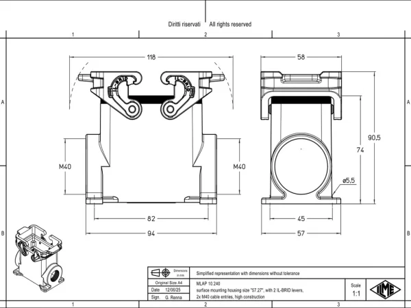 surface mounting housing, size 57.27, IL-BRID stainless steel, 2 levers, 2xM40 side
