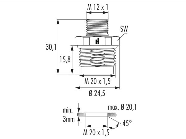 Panel connector male thread, single hole front mounted