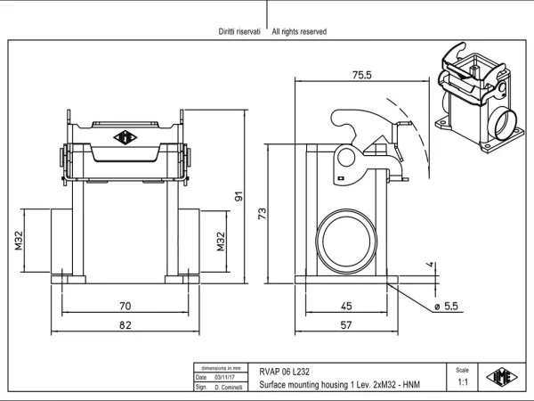 surface mounting housing, high, size 44.27, HNM alu, 1 lever, 2xM32 side