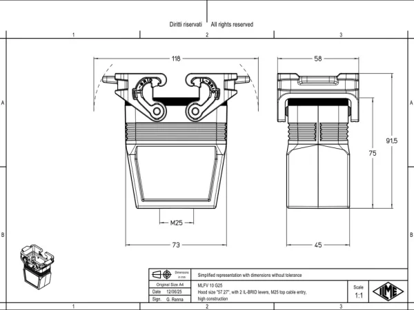 hood, size 57.27, IL-BRID stainless steel, 2 levers, 1xM25 top