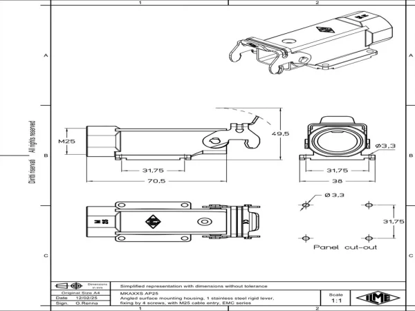 surface mounting housing, angled, size 21.21, EMC zinc, 1 rigid lever stainless steel, 1xM25 side, closed bottom