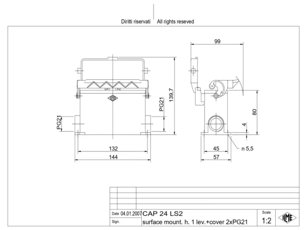 surface mounting housing, high, size 104.27, C-TYPE alu, 1 lever, 2xPG21 side, cov.
