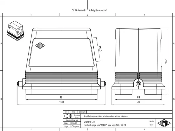 hood, size 104.62, 180 °C alu, 2 pegs, 1xM40 side