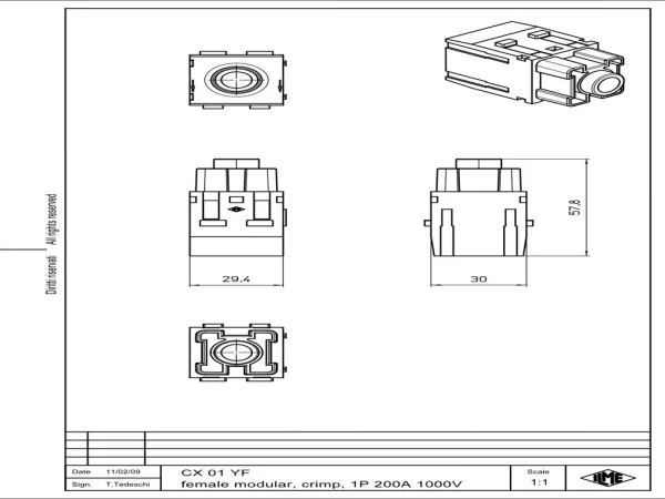 female insert, MIXO, 2MU, 1p, crimp, 200A, 1000V