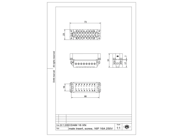 male insert, 16p+PE, silver, screw, 16A, 250V, for size 66.40 no.17-32