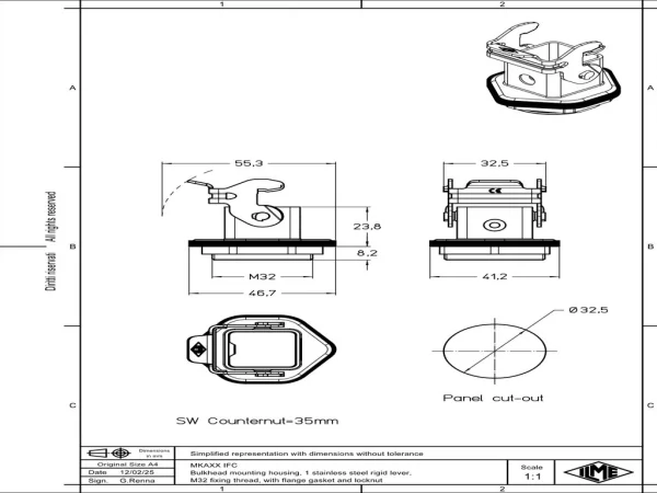 bulkhead mounting housing, size 21.21, CKA zinc, 1 rigid lever stainless steel, 1xM32 external, profiled gasket